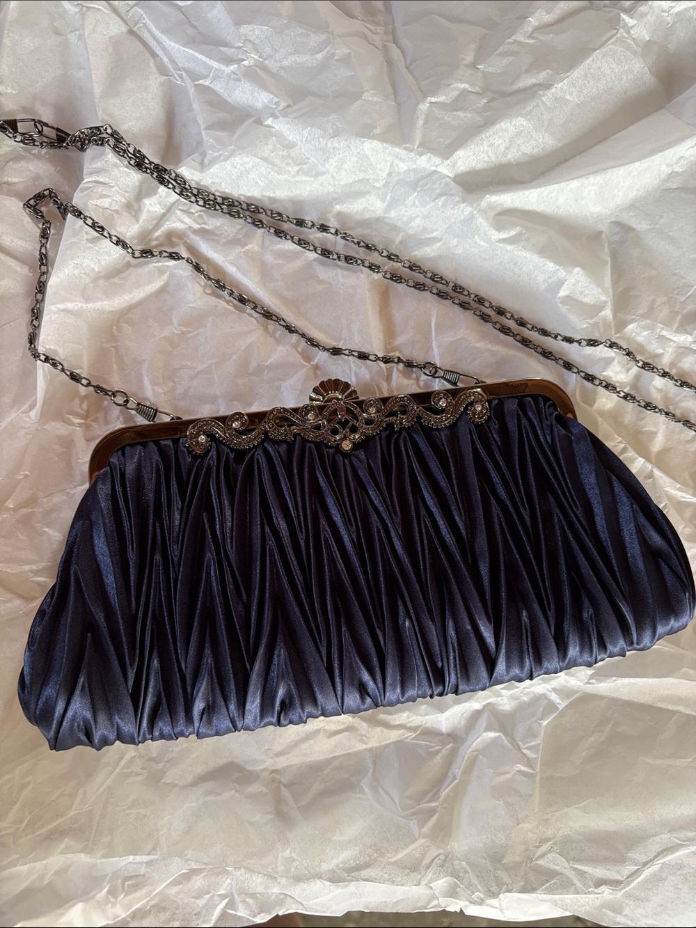 Elegant Navy Satin Evening Clutch with Rhinestone Frame